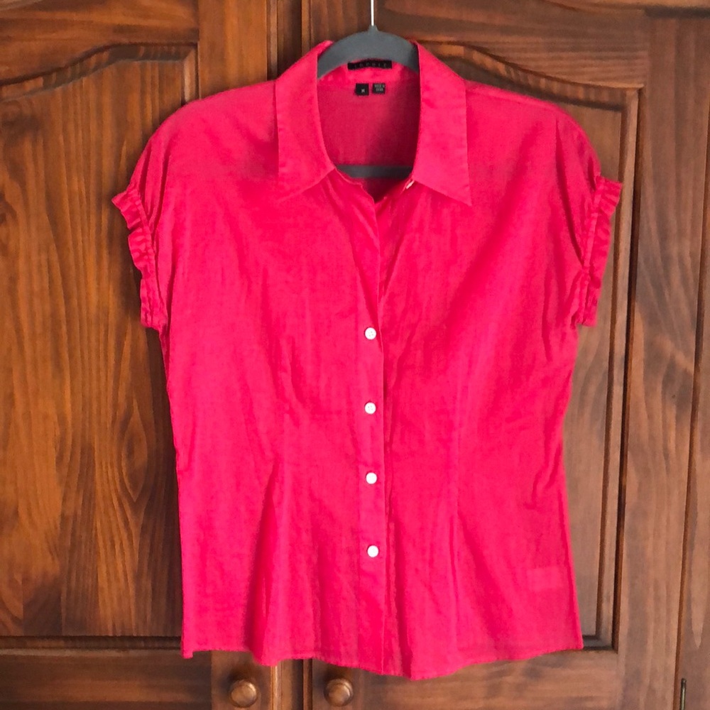 Theory hot pink button down puff sleeve Size M